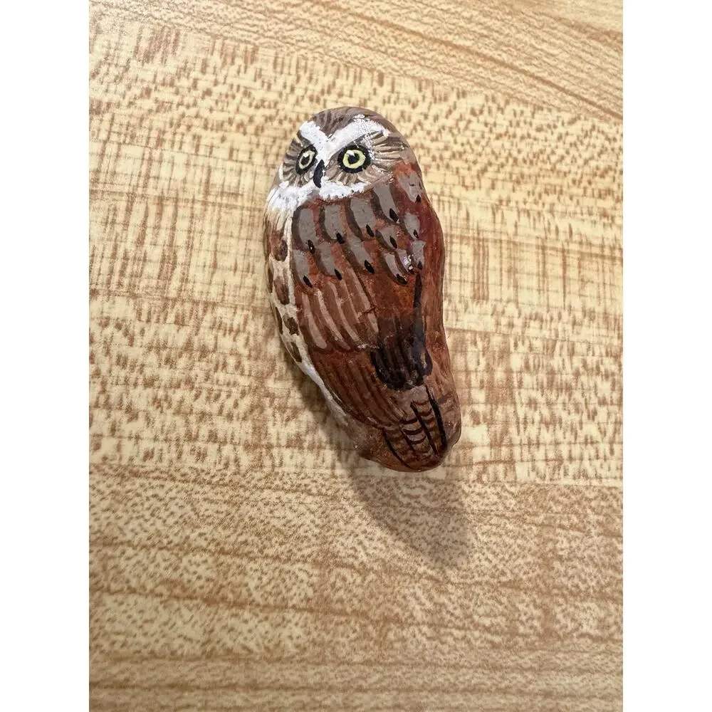 Vintage Hand Painted Stone Owl Brooch Pin Folk Art Artisan Bird Nature Jewelry
